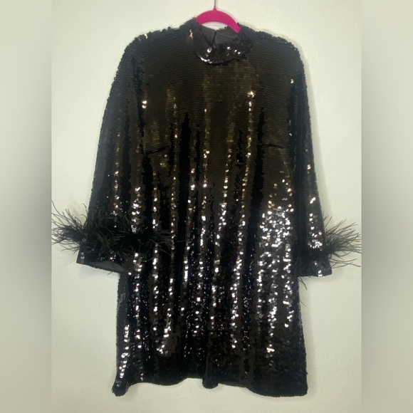 NWOT UNGARO Black Sequin Dress with Feather Cuffs - Picture 3 of 8